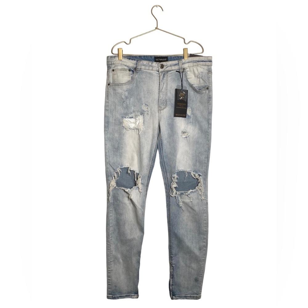 Victorious Mens Distressed Stretch Denim Jeans 34x34 Light Wash Ripped Knee 0007